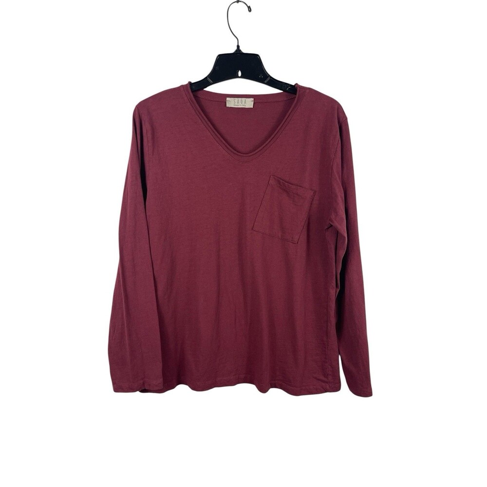 Saga Made in Italy 100% Cotton Long Sleeve Pocket Tee Top Burgundy Minimalist